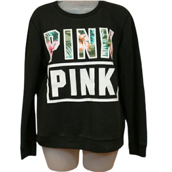 PINK Victoria's Secret Spellout Logo Pullover Sweatshirt Tropical Print Black SM - Picture 1 of 6